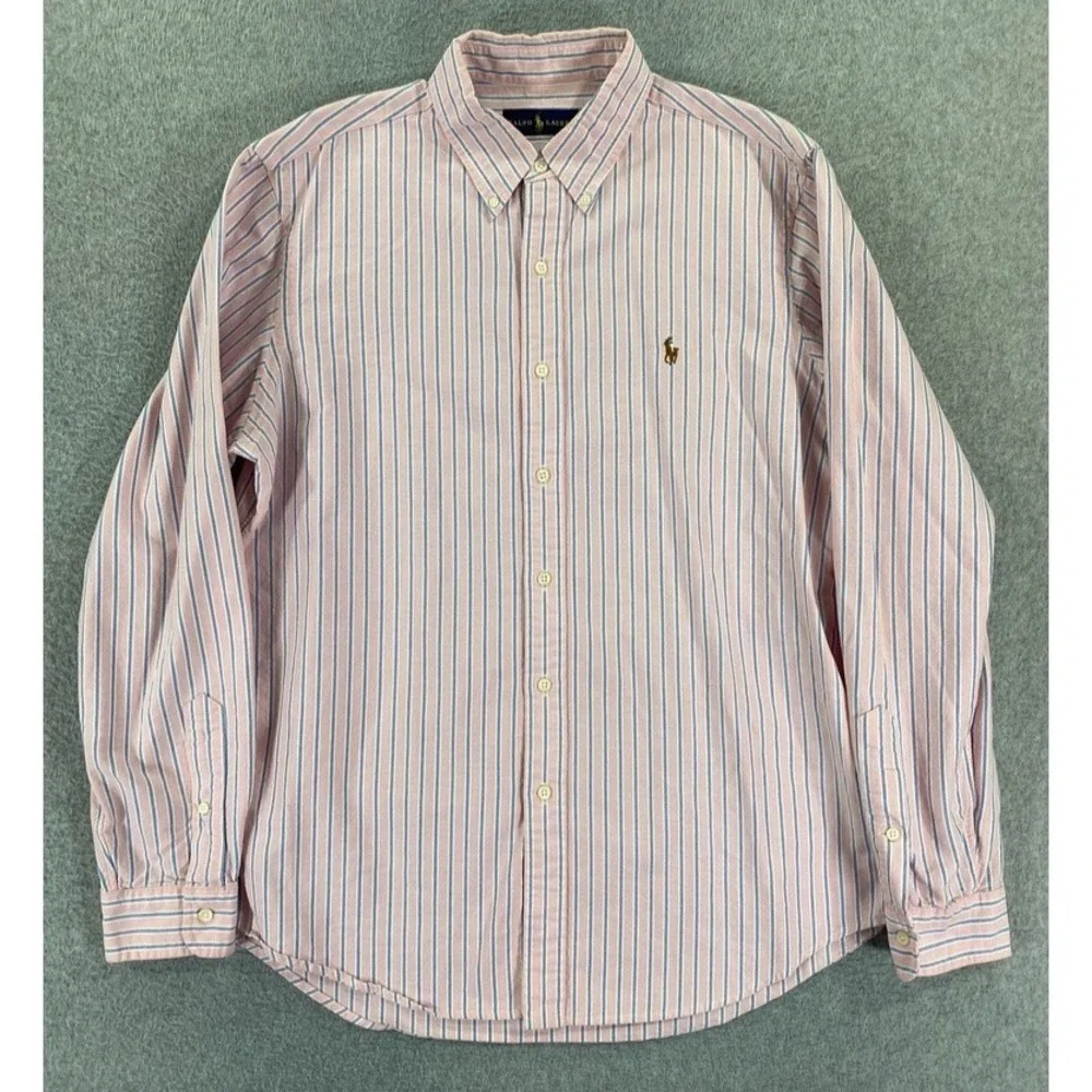 Polo Ralph Lauren Mens Large Shirt Button Down Pink Stripe Flesh Pony Long Sleev